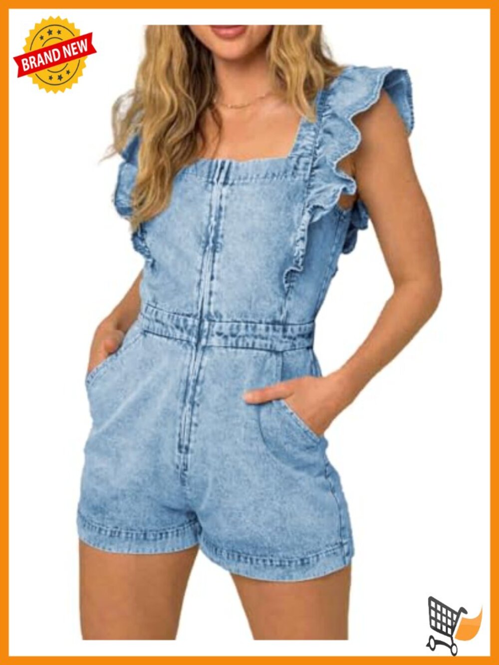 Women's Ruffle Sleeveless Denim Romper Short Zip Up One Piece Jumpsuit
